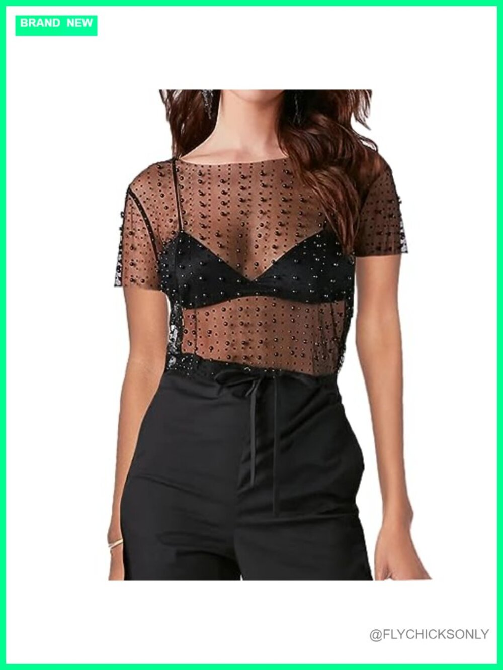 Women Pearl Rhinestone Sheer Mesh Crop Tee Short Sleeve Slim Fit Club Top